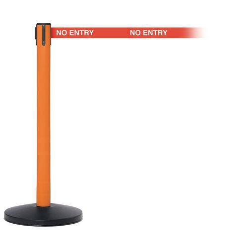 Industrial retractable belt barrier with printed safety message
