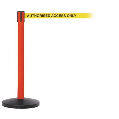 Industrial retractable belt barrier with printed safety message