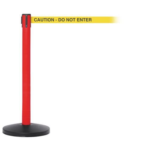 Industrial retractable belt barrier with printed safety message