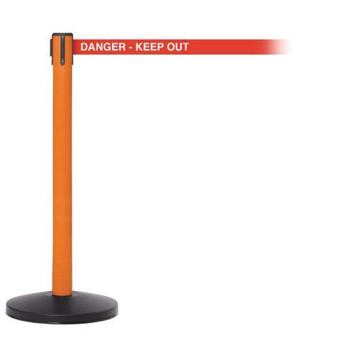 Industrial retractable belt barrier with printed safety message