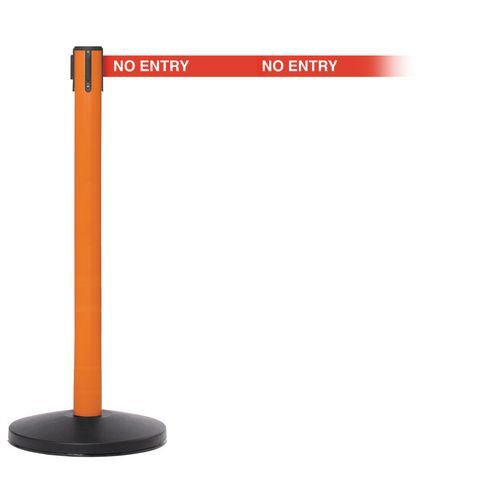 Industrial retractable belt barrier with printed safety message