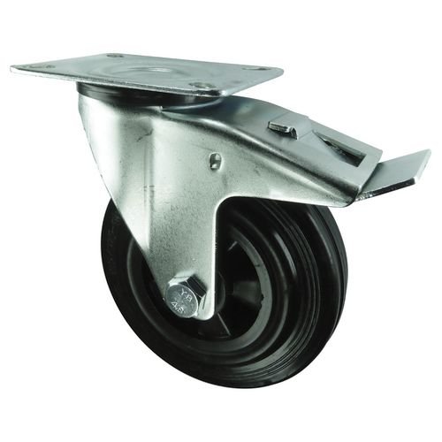 Medium Duty Plate Fixing Pressed Steel Braked Swivel Castor, 80mm Rubber Tyred Wheel