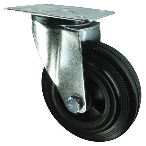 Medium Duty Plate Fixing Pressed Steel Braked Swivel Castor, 100mm Rubber Tyred Wheel