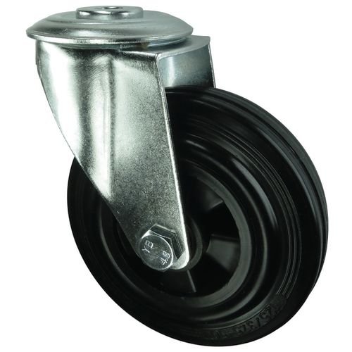 Medium Duty Single Hole Fixing Pressed Steel Swivel Castor, 80mm Rubber Tyred Wheel