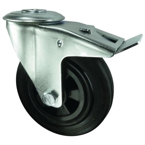 Medium Duty Single Hole Fixing Pressed Steel Braked Swivel Castor, 200mm Rubber Tyred Wheel
