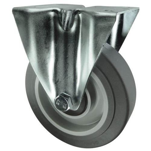 Medium Duty Plate Fixing Pressed Steel Fixed Castor, 80mm Grey Rubber Tyred Wheel