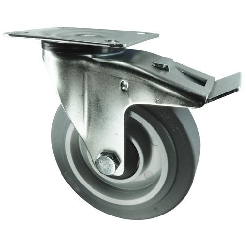 Medium Duty Plate Fixing Pressed Steel Braked Swivel Castor, 80mm Grey Rubber Tyred Wheel