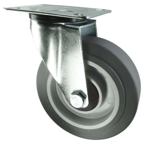 Medium Duty Plate Fixing Pressed Steel Swivel Castor, 125mm Grey Rubber Tyred Wheel