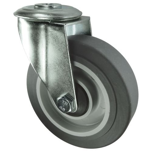 Medium Duty Single Hole Fixing Pressed Steel Swivel Castor, 160mm Rubber Tyred Wheel