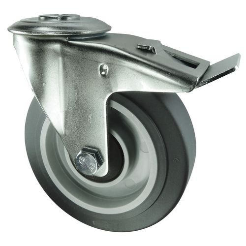 Medium Duty Single Hole Fixing Pressed Steel Braked Swivel Castor, 200mm Rubber Tyred Wheel