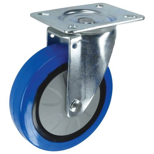 Light To Medium Duty Plate Fixing Pressed Steel Swivel Castor, 75mm Blue Rubber Tyred Wheel
