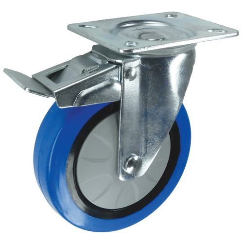 Light To Medium Duty Plate Fixing Pressed Steel Braked Swivel Castor, 100mm Blue Rubber Tyred Wheel