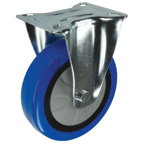 Light To Medium Duty Plate Fixing Pressed Steel Fixed Castor, 125mm Blue Rubber Tyred Wheel