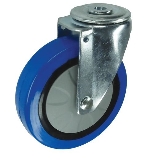 Light To Medium Duty Single Fixing Pressed Steel Swivel Castor, 100mm Blue Rubber Tyred Wheel