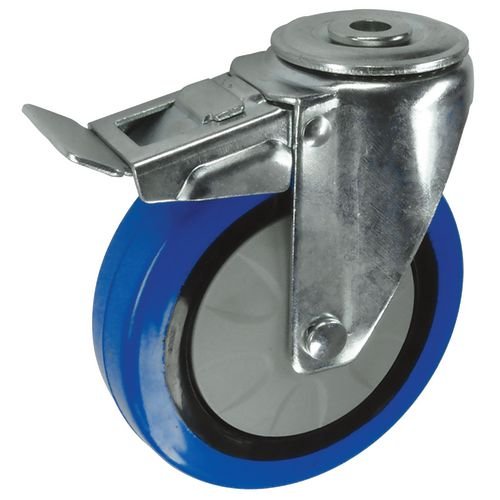 Light To Medium Duty Single Fixing Pressed Steel Braked Swivel Castor, 100mm Blue Rubber Tyred Wheel