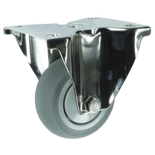 Plate Fixing Stainless Steel Fixed Castor, 80mm Grey Rubber Tyred Wheel