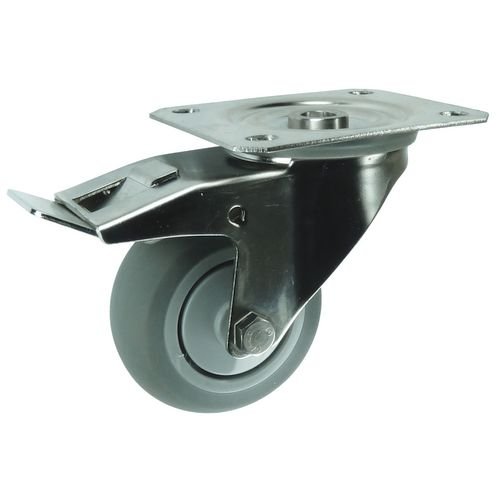 Plate Fixing Stainless Steel Braked Swivel Castor, 125mm Grey Rubber Tyred Wheel