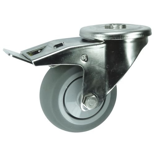 Single Hole Fixing Stainless Steel Braked Swivel Castor, 100mm Grey Rubber Tyred Wheel