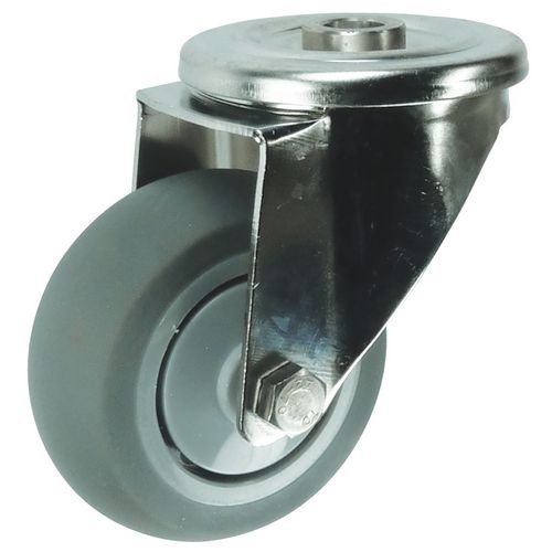 Single Hole Fixing Stainless Steel Swivel Castor, 125mm Grey Rubber Tyred Wheel