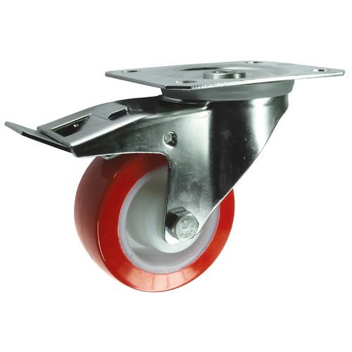 Plate Fixing Stainless Steel Braked Swivel Castor, 125mm Poly Tyred Wheel