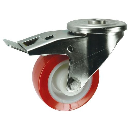 Single Hole Fixing Stainless Steel Braked Swivel Castor, 100mm Poly Tyred Wheel