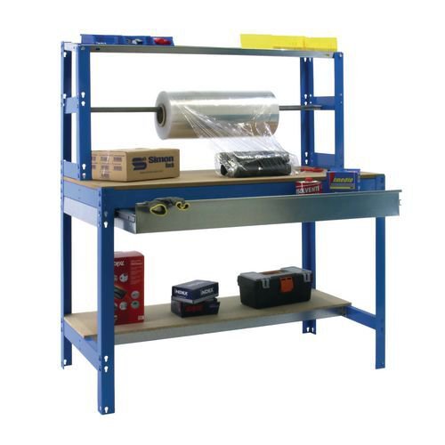 Packing workstation with roll holder and drawer - W x D: 910 x 760mm