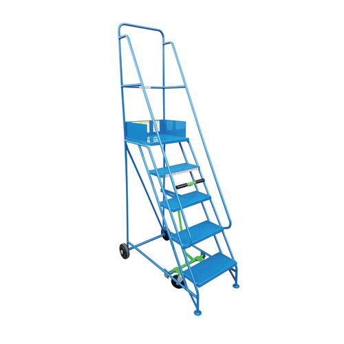 Narrow-Aisle 5 Tread Mobile Step, Double Handrail, Metal Treads.