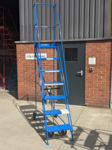 Narrow-Aisle 7 Tread Mobile Step, Double Handrail, Metal Treads.