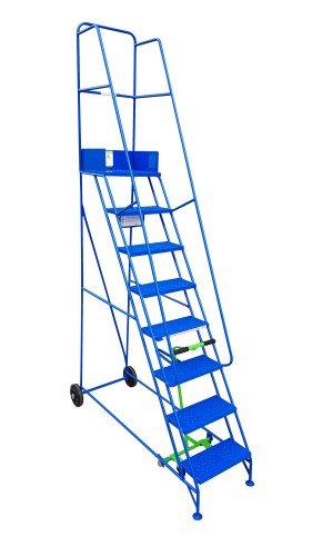 Narrow-Aisle 8 Tread Mobile Step, Double Handrail, Metal Treads.