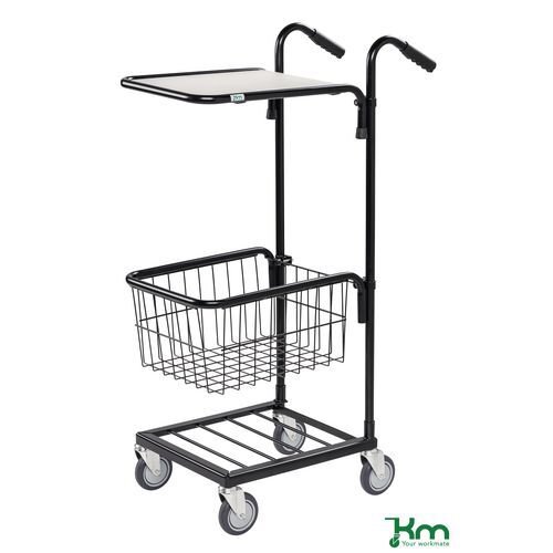 Adjustable mini mail distribution trolley with 1 shelf and 1 basket, black