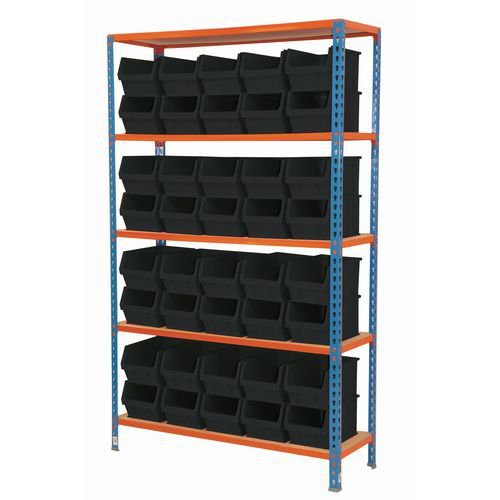 Boltless shelving with small parts bins, black bins