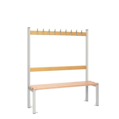 Single Sided Island Seating. 1200 mm Length, 9 Hooks. Beech Wood Slats, Grey Frame