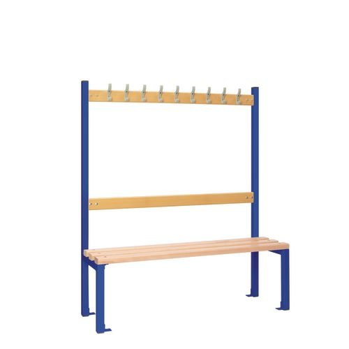 Single Sided Island Seating. 1200 mm Length, 9 Hooks. Beech Wood Slats, Dark Blue Frame