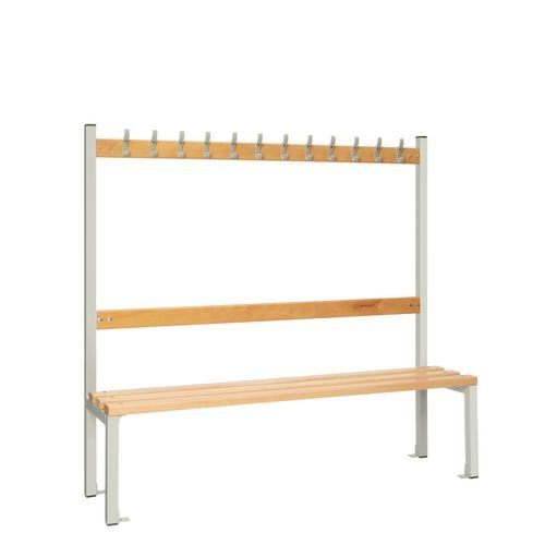 Single Sided Island Seating. 1500 mm Length, 12 Hooks. Beech Wood Slats, Grey Frame