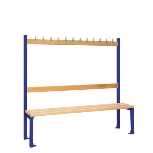 Single Sided Island Seating. 1500 mm Length, 12 Hooks. Beech Wood Slats, Dark Blue Frame