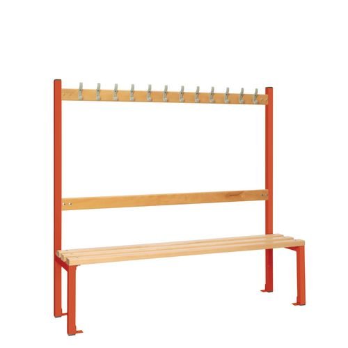 Single Sided Island Seating. 1500 mm Length, 12 Hooks. Beech Wood Slats, Red Frame