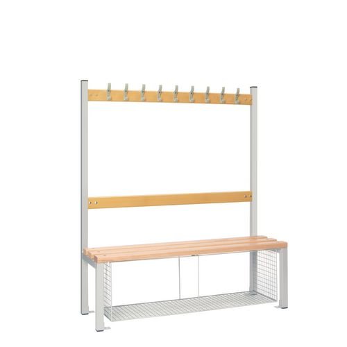 Single Sided Island Seating. 1200 mm Length, 9 Hooks. Beech Wood Slats, Mesh Shoe Tray, Grey Frame