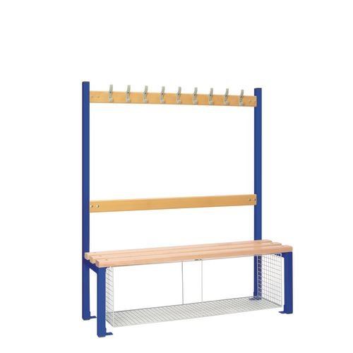 Single Sided Island Seating. 1200 mm Length, 9 Hooks. Beech Wood Slats, Mesh Shoe Tray, Dark Blue Frame