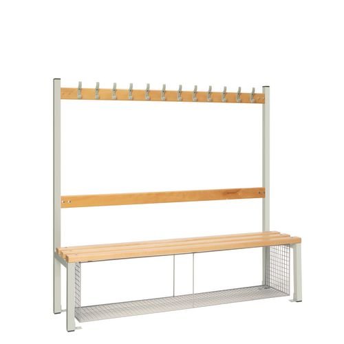 Single Sided Island Seating. 1500 mm Length, 12 Hooks. Beech Wood Slats, Mesh Shoe Tray, Grey Frame