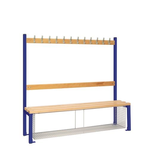Single Sided Island Seating. 1500 mm Length, 12 Hooks. Beech Wood Slats, Mesh Shoe Tray, Dark Blue Frame