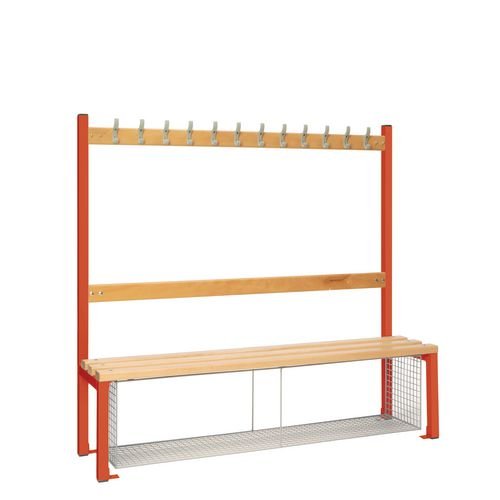 Single Sided Island Seating. 1500 mm Length, 12 Hooks. Beech Wood Slats, Mesh Shoe Tray, Red Frame