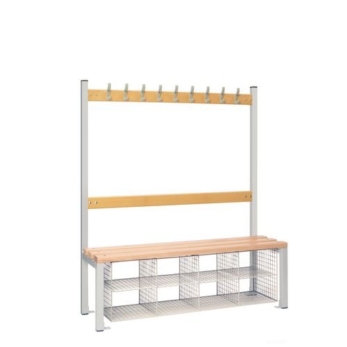 Single Sided Island Seating. 1200 mm Length, 9 Hooks. Beech Wood Slats, 8 Mesh Shoe Baskets, Grey Frame