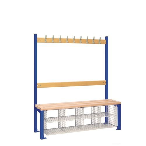 Single Sided Island Seating. 1200 mm Length, 9 Hooks. Beech Wood Slats, 8 Mesh Shoe Baskets, Dark Blue Frame