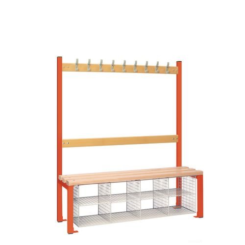 Single Sided Island Seating. 1200 mm Length, 9 Hooks. Beech Wood Slats, 8 Mesh Shoe Baskets, Red Frame