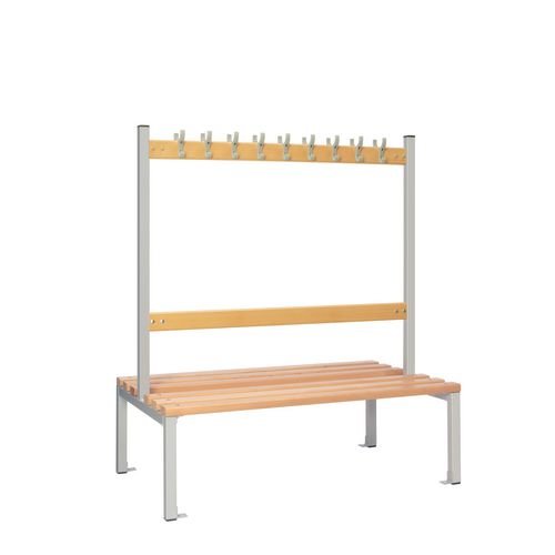 Double Sided Island Seating. 1200 mm Length, 18 Hooks. Beech Wood Slats, Grey Frame