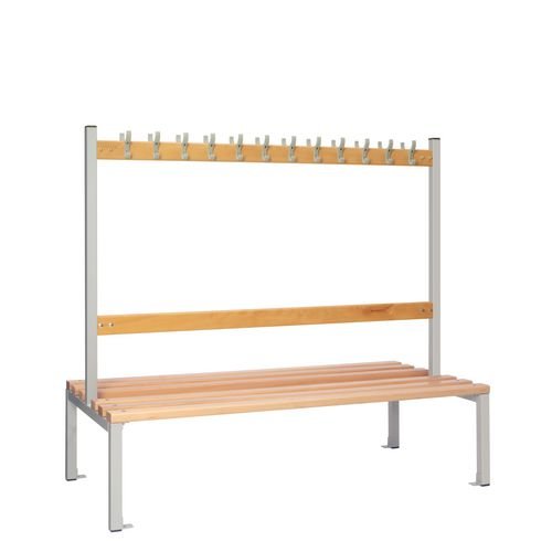 Double Sided Island Seating. 1500 mm Length, 24 Hooks. Beech Wood Slats, Grey Frame