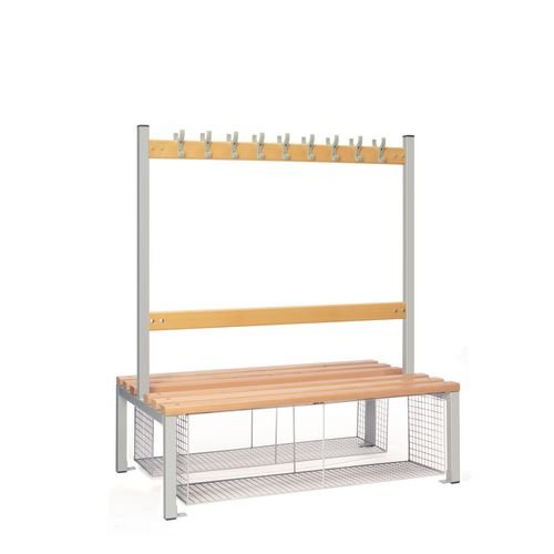 Double Sided Island Seating. 1200 mm Length, 18 Hooks. Beech Wood Slats, Mesh Shoe Tray, Grey Frame