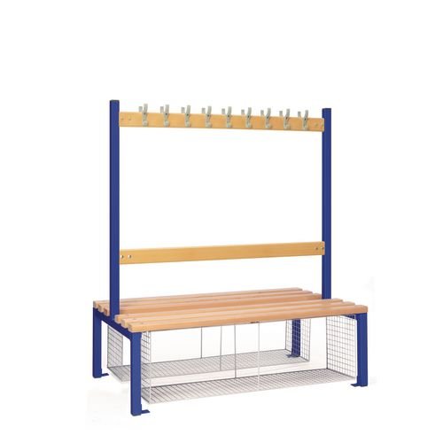 Double Sided Island Seating. 1200 mm Length, 18 Hooks. Beech Wood Slats, Mesh Shoe Tray, Dark Blue Frame