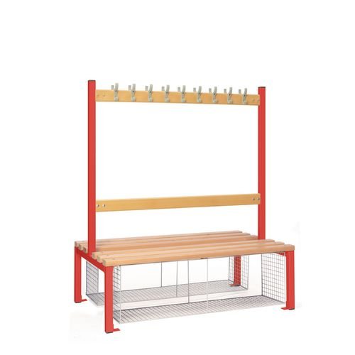 Double Sided Island Seating. 1200 mm Length, 18 Hooks. Beech Wood Slats, Mesh Shoe Tray, Red Frame
