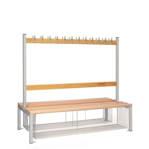 Double Sided Island Seating. 1500 mm Length, 24 Hooks. Beech Wood Slats, Mesh Shoe Tray, Grey Frame